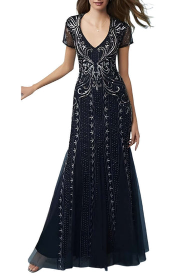 Adrianna Papell V-Neck Short Sleeve Godet Cutout Back Embellished Mesh Gown-1