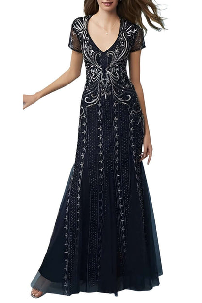 Adrianna Papell V-Neck Short Sleeve Godet Cutout Back Embellished Mesh Gown-1