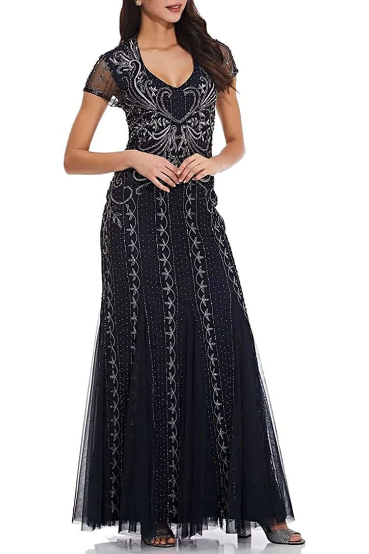 Adrianna Papell V-Neck Short Sleeve Godet Cutout Back Embellished Mesh Gown-0