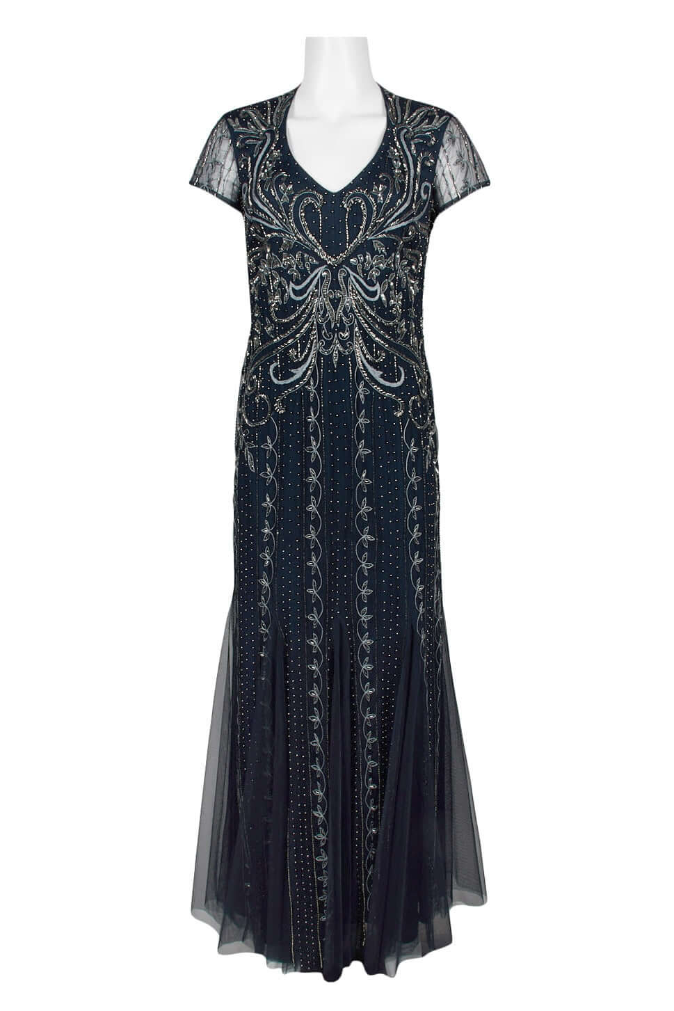 Adrianna Papell V-Neck Short Sleeve Godet Cutout Back Embellished Mesh Gown-4