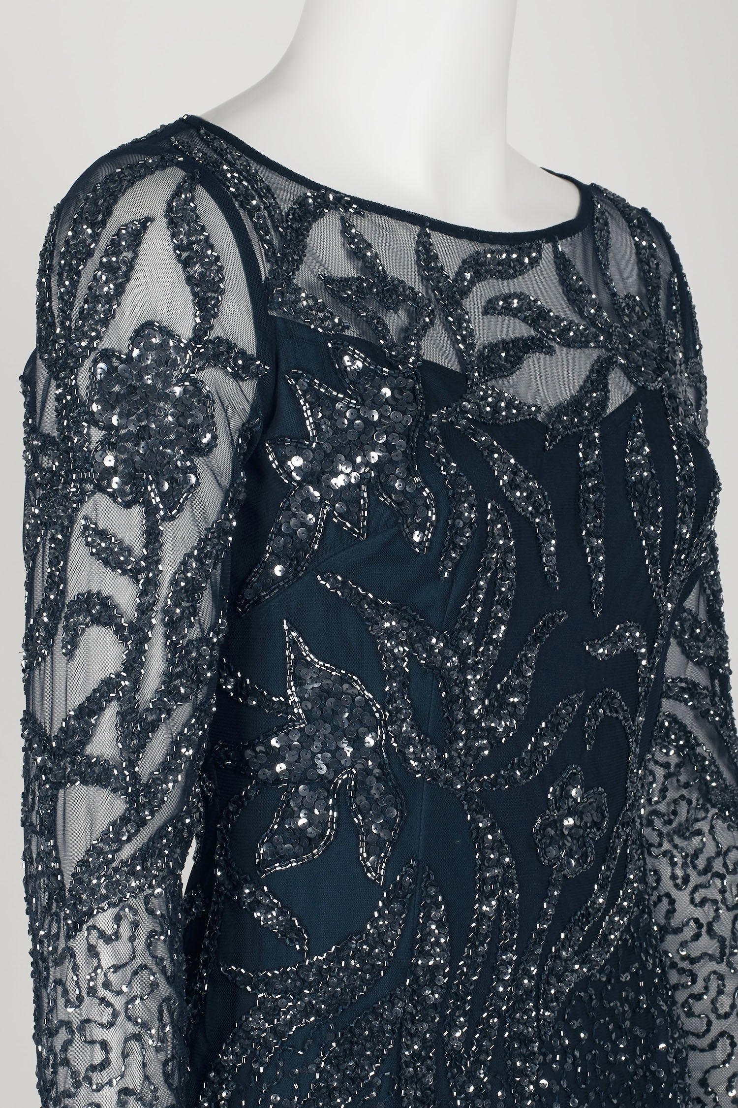 Adrianna Papell Boat Neck Long Sleeve Illusion Sequined Beaded Zipper Back Bodycon Mesh Dress