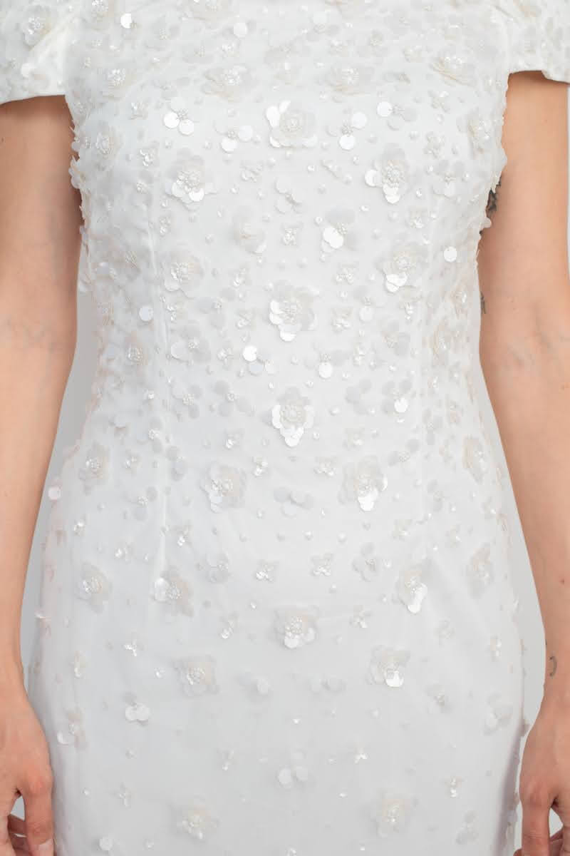 Adrianna Papell Off-Shoulder Zipper Back Sequined Beaded Column Mesh Gown-3