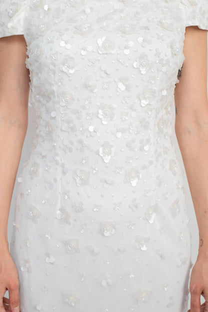 Adrianna Papell Off-Shoulder Zipper Back Sequined Beaded Column Mesh Gown-3