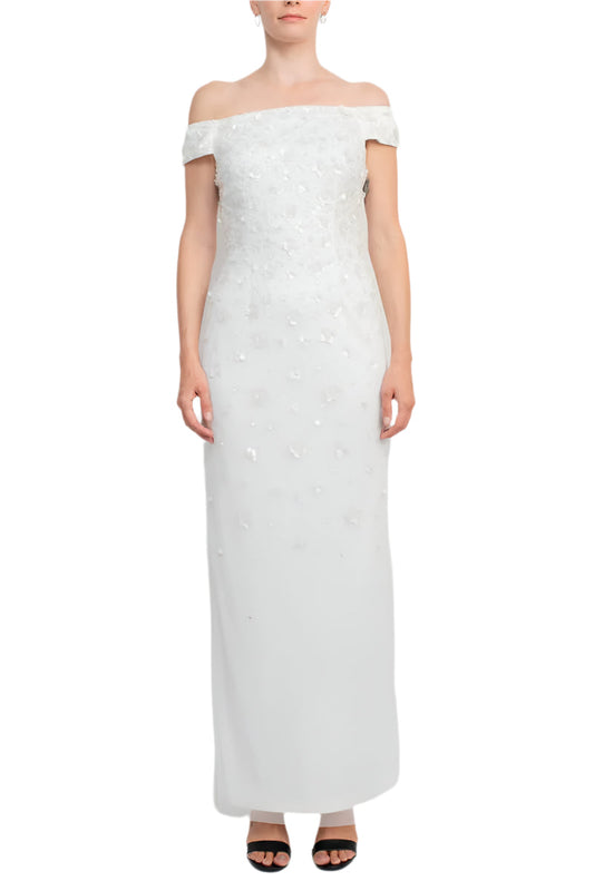 Adrianna Papell Off-Shoulder Zipper Back Sequined Beaded Column Mesh Gown-0
