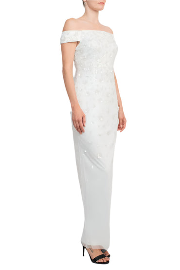 Adrianna Papell Off-Shoulder Zipper Back Sequined Beaded Column Mesh Gown-1