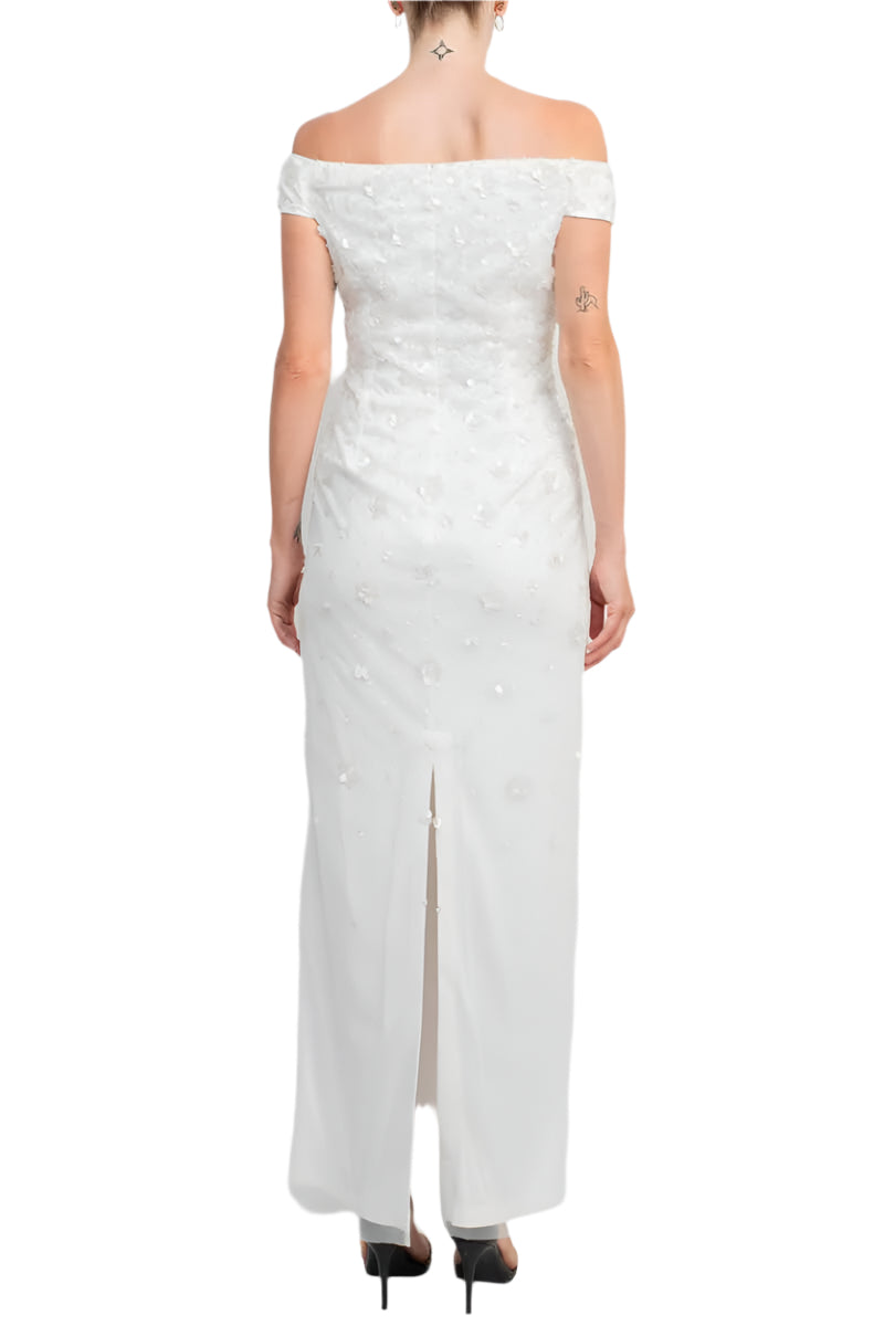 Adrianna Papell Off-Shoulder Zipper Back Sequined Beaded Column Mesh Gown-2