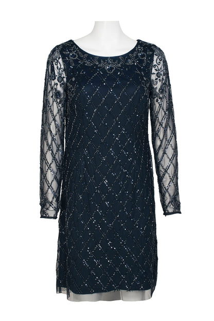 Adrianna Papell Scoop Neck Illusion Long Sleeve Sequined Beaded Zipper Back Shift Mesh Dress-0