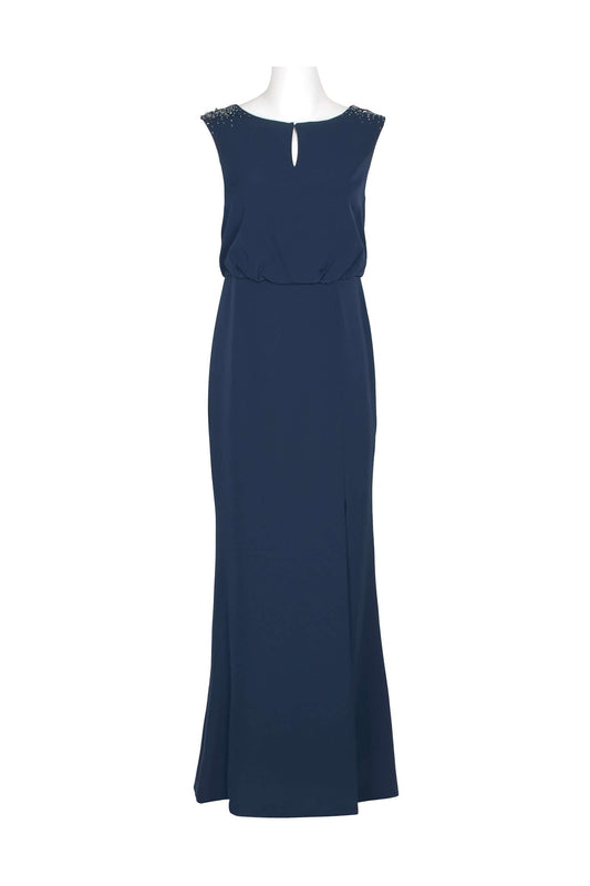Adrianna Papell Boat Neck Keyhole Front Sleeveless Embellished Shoulder Blouson Pleated Zipper Back Slit Front Crepe Gown-0