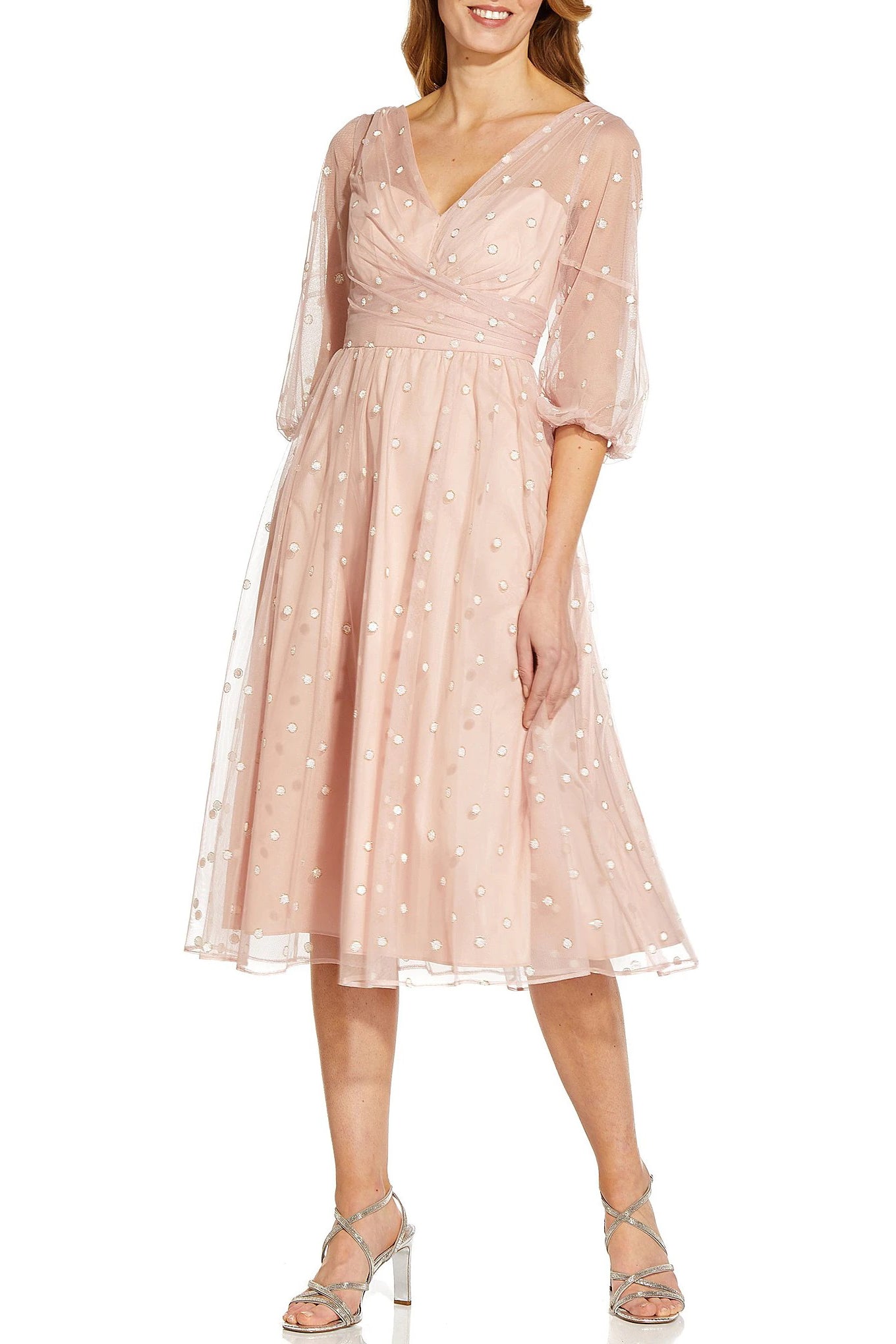 Adrianna Papell Surplice V- Neck Back Zipper 3/4 Sleeves Beaded Midi Dress