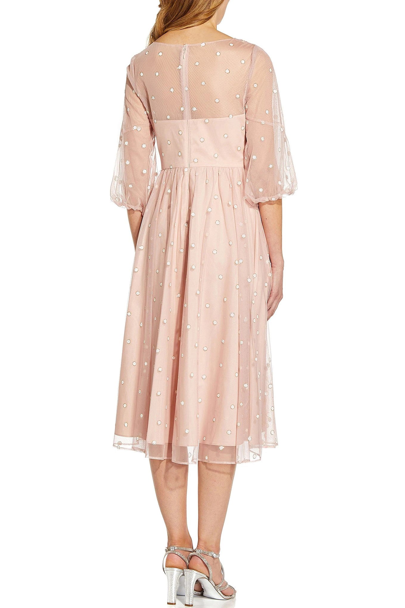 Adrianna Papell Surplice V- Neck Back Zipper 3/4 Sleeves Beaded Midi Dress