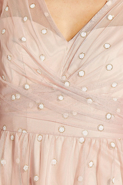 Adrianna Papell Surplice V- Neck Back Zipper 3/4 Sleeves Beaded Midi Dress