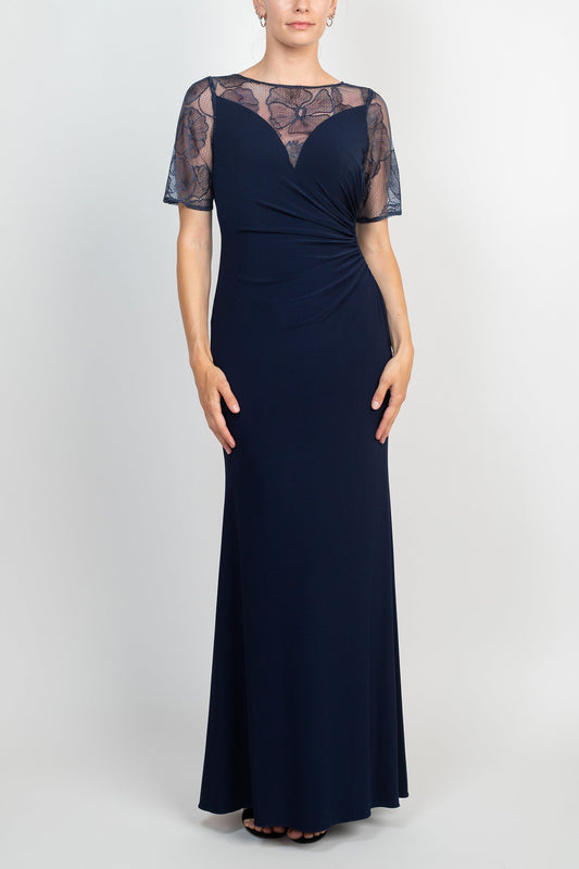 Adrianna Papell Embroidered Illusion Boat Neck Short Sleeve Gathered Side Zipper Back Lace Dress