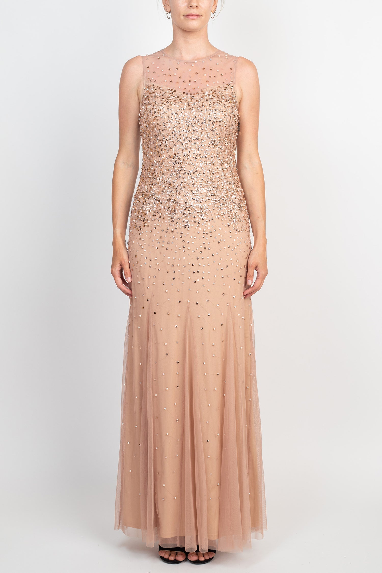 Adrianna Papell Illusion Crew Neck Sleeveless Beaded Sequined Bodycon Zipper Back Godet Mesh Gown