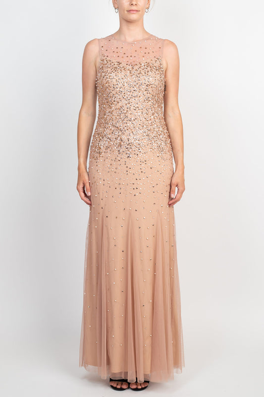 Adrianna Papell Illusion Crew Neck Sleeveless Beaded Sequined Bodycon Zipper Back Godet Mesh Gown