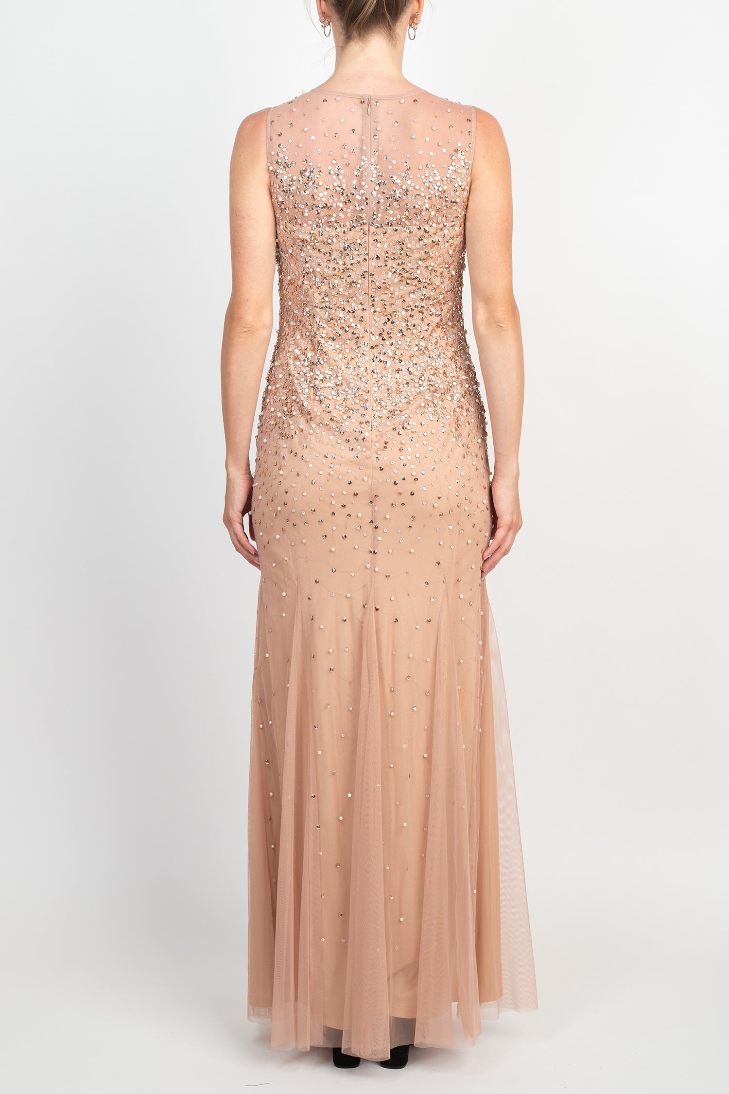 Adrianna Papell Illusion Crew Neck Sleeveless Beaded Sequined Bodycon Zipper Back Godet Mesh Gown
