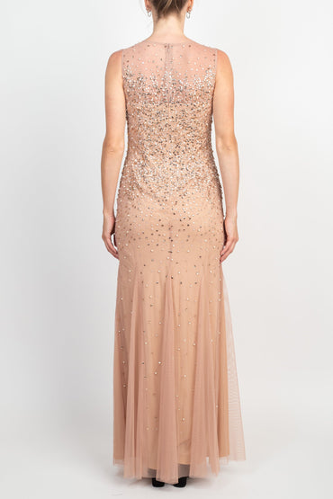 Adrianna Papell Illusion Crew Neck Sleeveless Beaded Sequined Bodycon Zipper Back Godet Mesh Gown