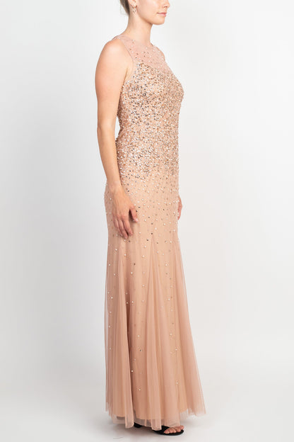 Adrianna Papell Illusion Crew Neck Sleeveless Beaded Sequined Bodycon Zipper Back Godet Mesh Gown