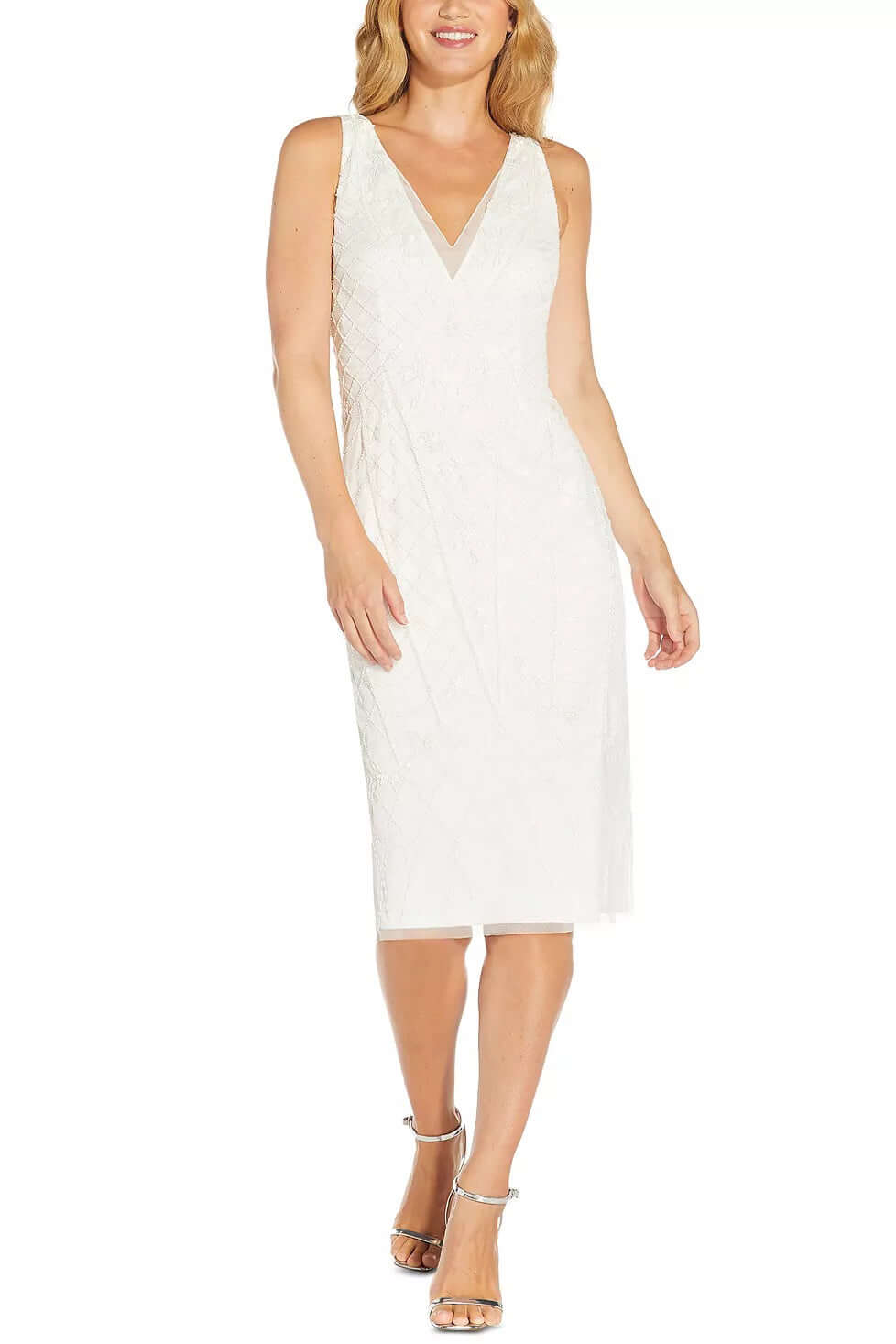 Adrianna Papell V-Neck Sleeveless Zipper Back Bodycon Sequined Beaded Mesh Dress-0