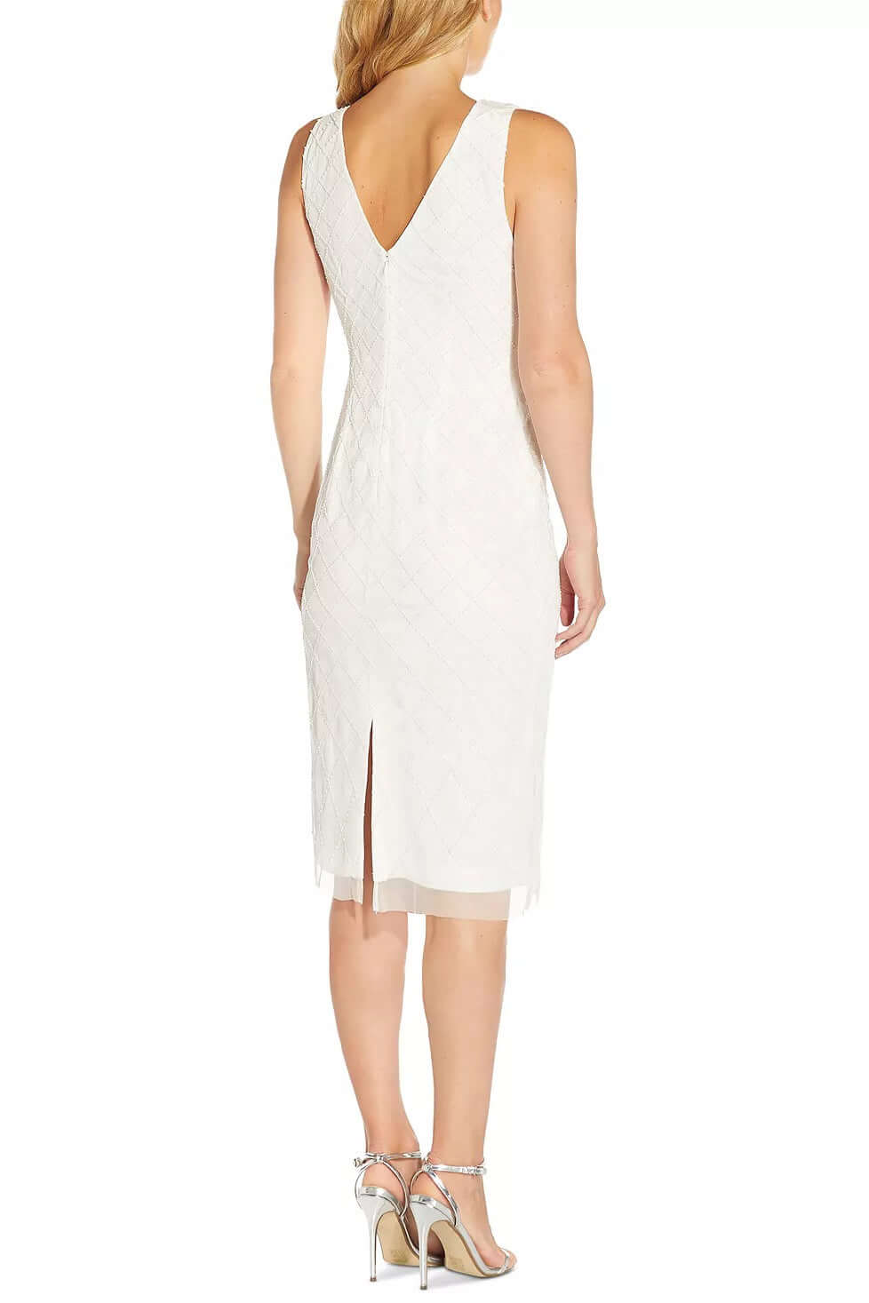 Adrianna Papell V-Neck Sleeveless Zipper Back Bodycon Sequined Beaded Mesh Dress-1