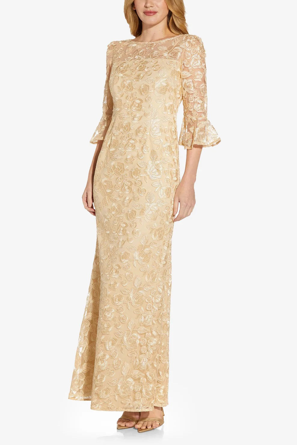 Adrianna Papell Boat Neck Back Zipper 3/4 Bell Sleeves Embroidered Long Dress