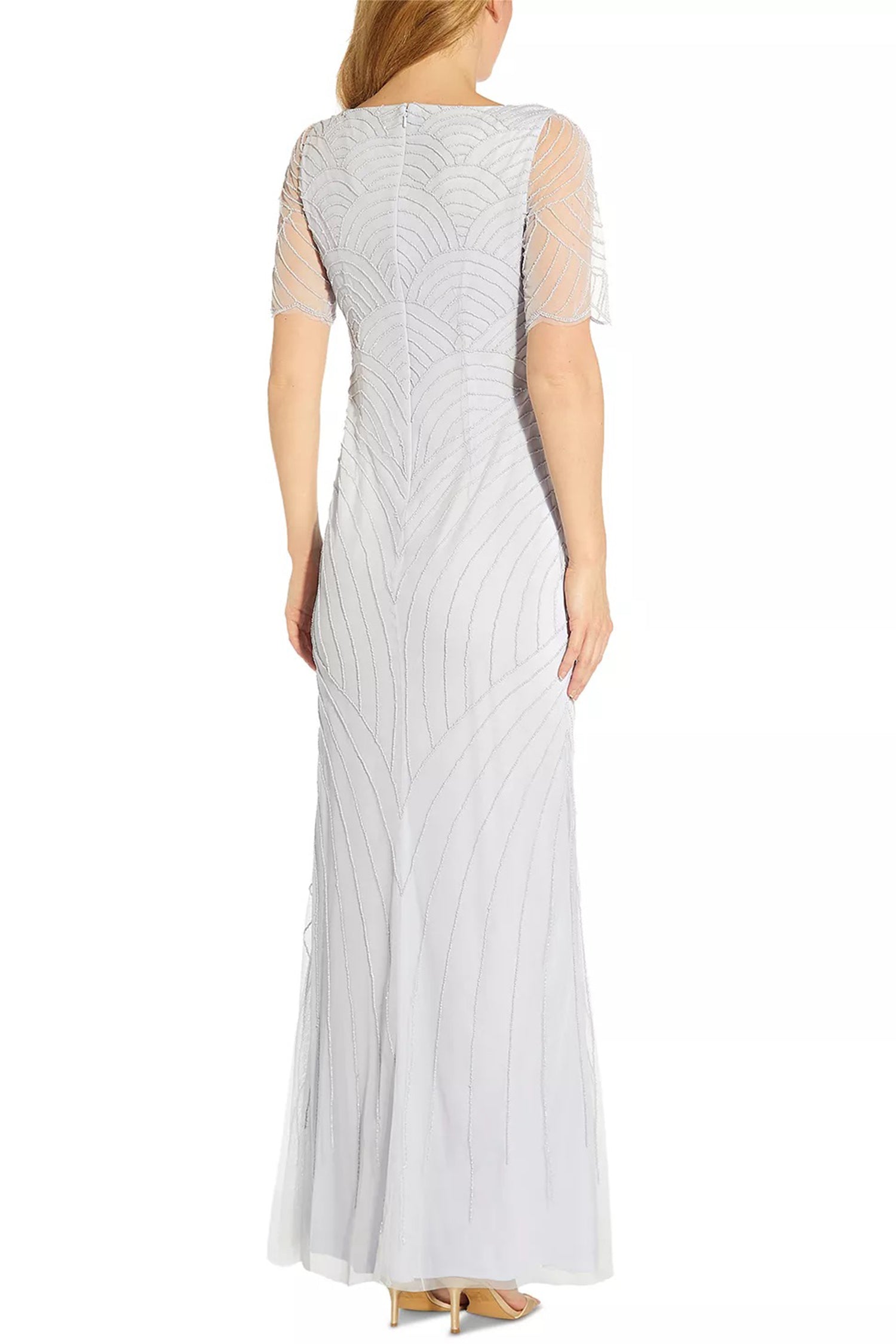 Adrianna Papell V-Neck Short Sleeve Beaded Zipper Back Mesh Dress