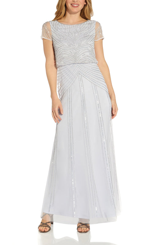 Adrianna Papell Round Neck Back Zipper Short Sleeves Long Dress