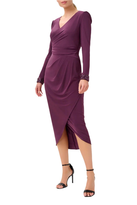 Adrianna Papell V Neck Long Sleeves Beaded Cuffs Back Zipper Jersey Midi Dress-0
