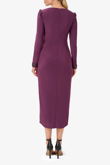 Adrianna Papell V Neck Long Sleeves Beaded Cuffs Back Zipper Jersey Midi Dress-1