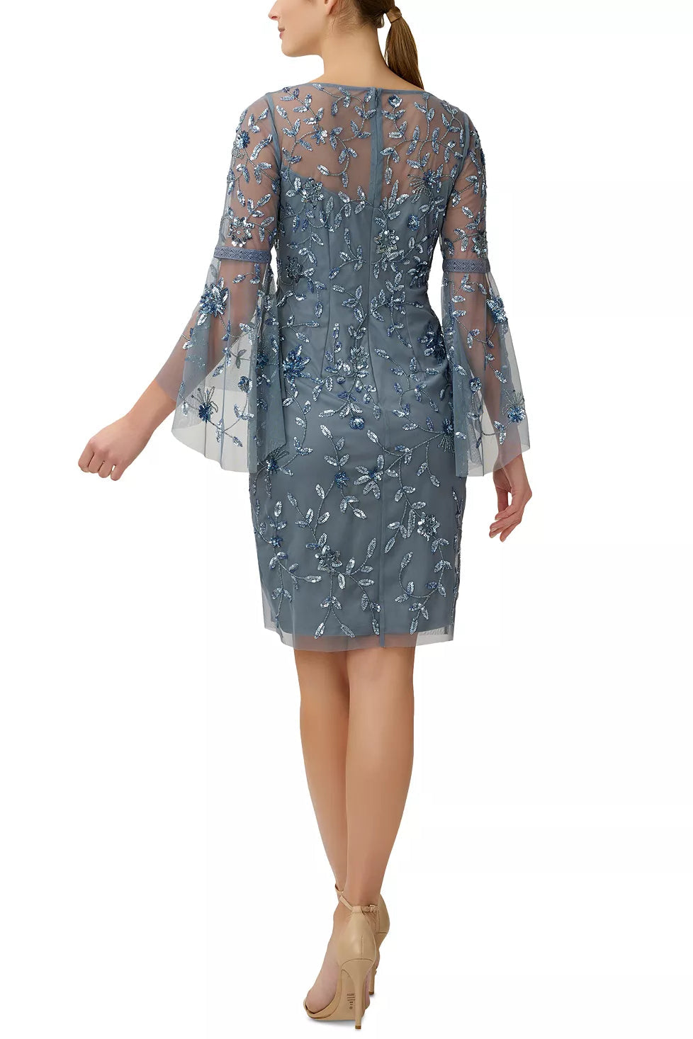Adrianna Papell V-Neck Circular Sleeve Zipper Back Embellished Mesh Dress