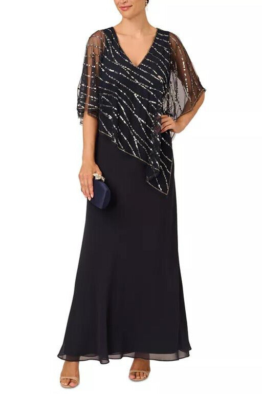 Adrianna Papell Sleeveless V-Neck Beaded Popover Midi Chiffon Dress