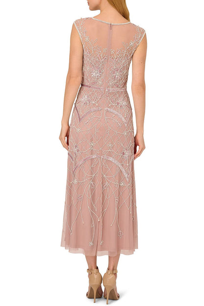 Adrianna Papell Beaded Illusion Boat Neck Sleeveless Cap Sleeve Dress