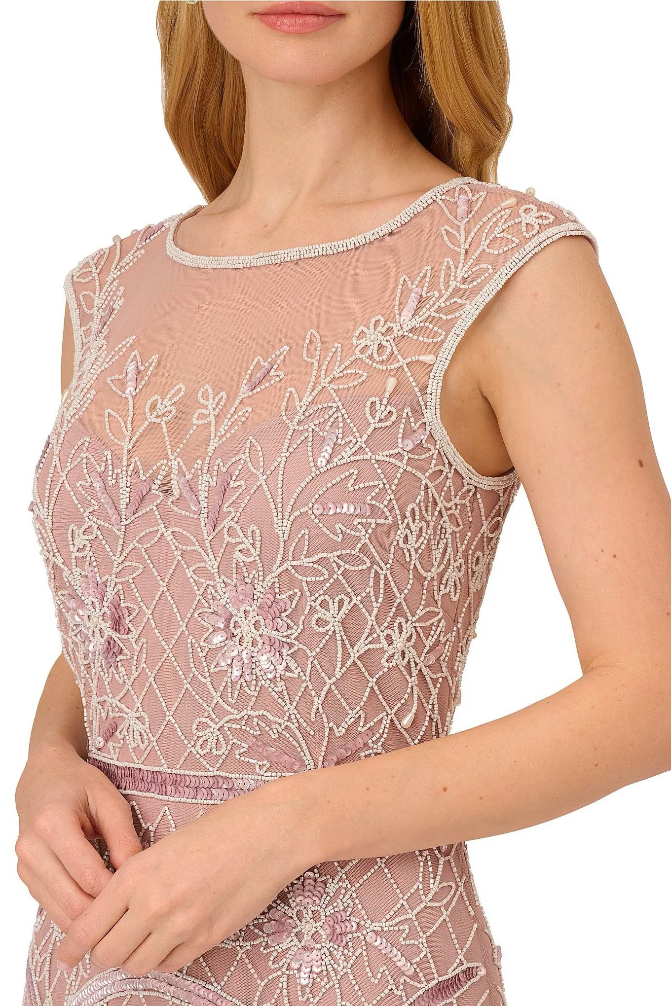 Adrianna Papell Beaded Illusion Boat Neck Sleeveless Cap Sleeve Dress