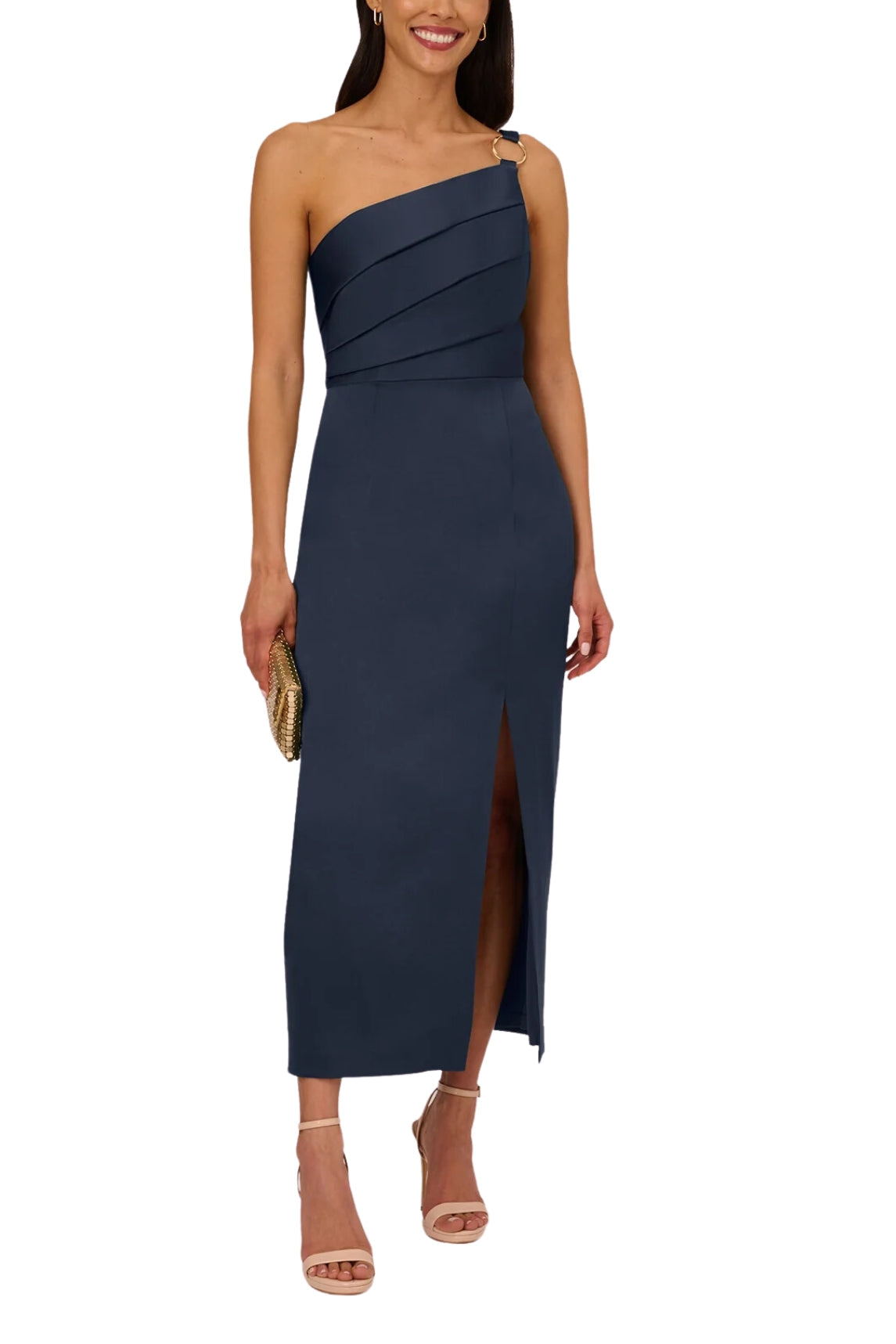 Adrianna Papell asymmetrical neck one shoulder pleated bodice metal ring accent slit side satin crepe gown
