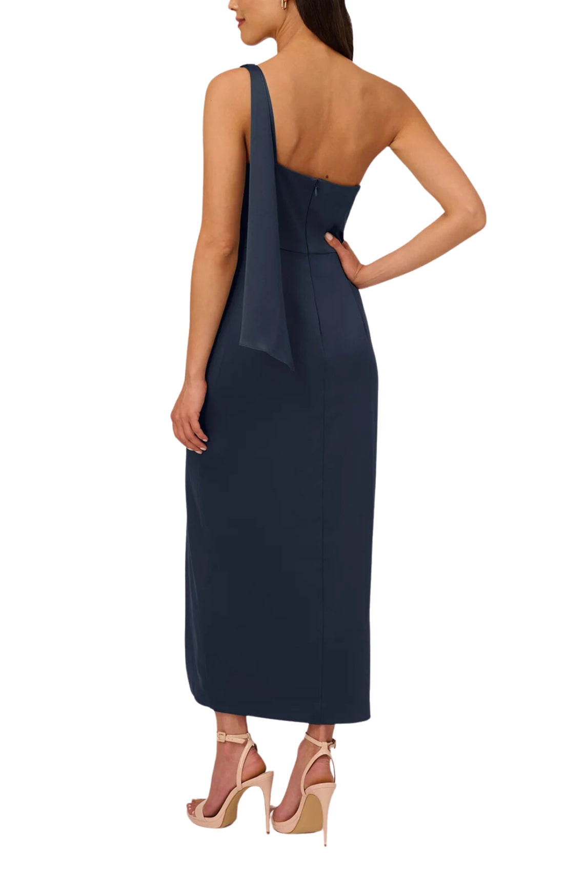 Adrianna Papell asymmetrical neck one shoulder pleated bodice metal ring accent slit side satin crepe gown