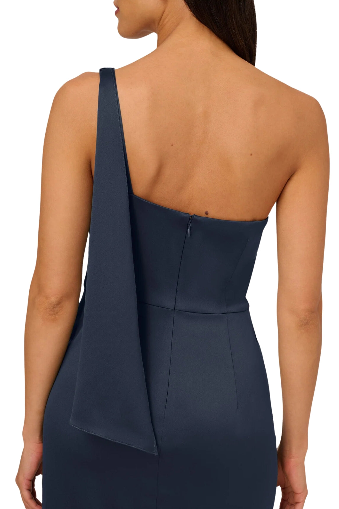 Adrianna Papell Asymmetrical Neck One Shoulder Pleated Bodice Metal Ring Accent Slit Side Satin Crepe Gown-3