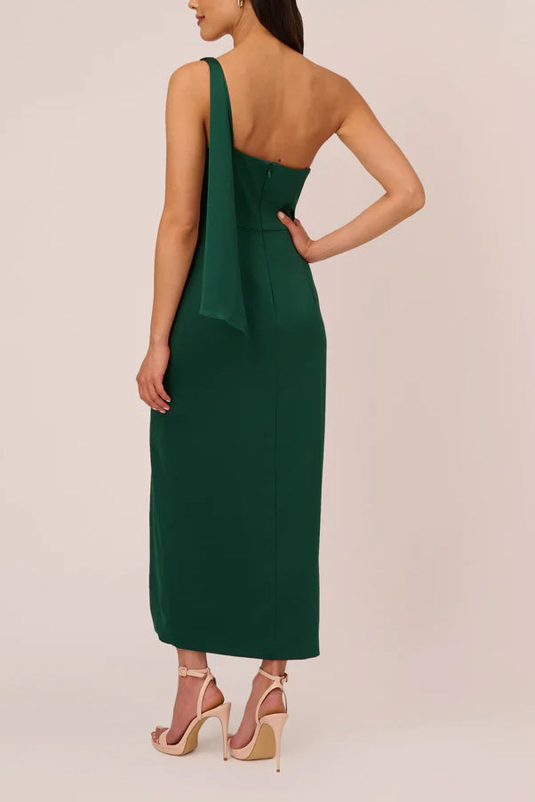 Adrianna Papell asymmetrical neck one shoulder pleated bodice metal ring accent slit side satin crepe gown