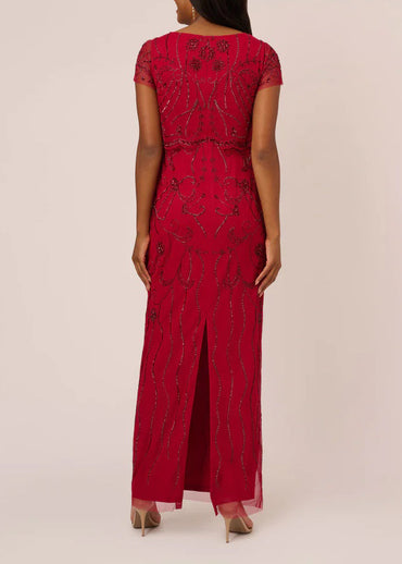 Adrianna Papell boat neck cap sleeve scalloped popover zipper closure column skirt embellished mesh gown