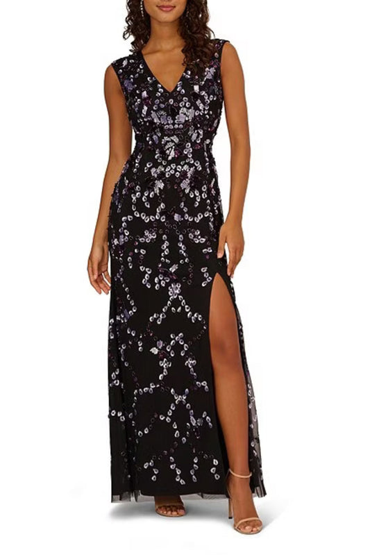 Adrianna Papell Beaded V Neck Sleeveless Font Slit Gown - Wholesale