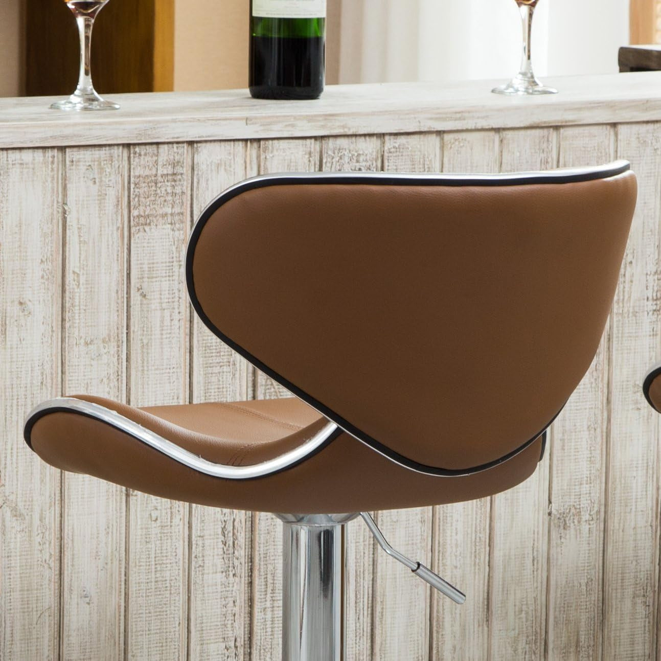 Masaccio Cushioned Leatherette Upholstery Airlift Adjustable Swivel Barstool with Chrome Base, Set of 2, Caramel-3