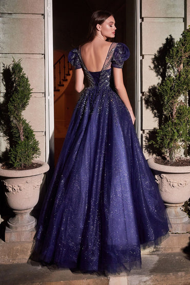 Layered Tulle Short Puff Sleeves Embellished Jewel Open Square Back Long Ball Dress CDB702