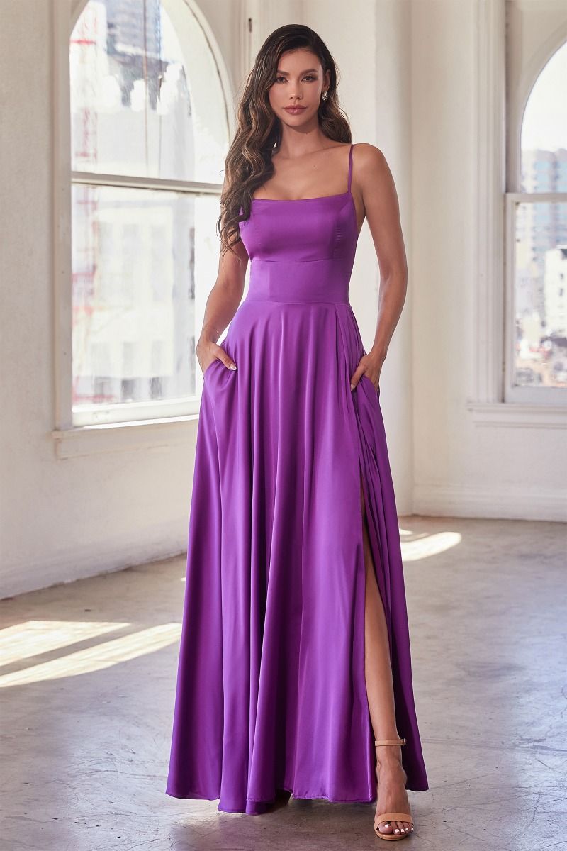 Chic Sophisticated Formal Satin Gown w/ Thin Straps & Shine Finish - CDB8402-4