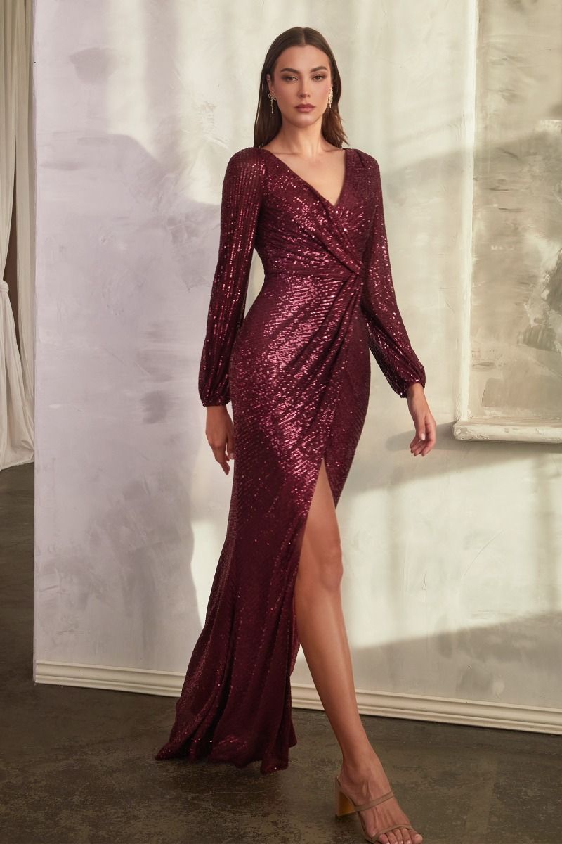Lilac, Navy Blue, Gold Long Sleeve Sequin Wrap Gown with Slit CDB8422-6