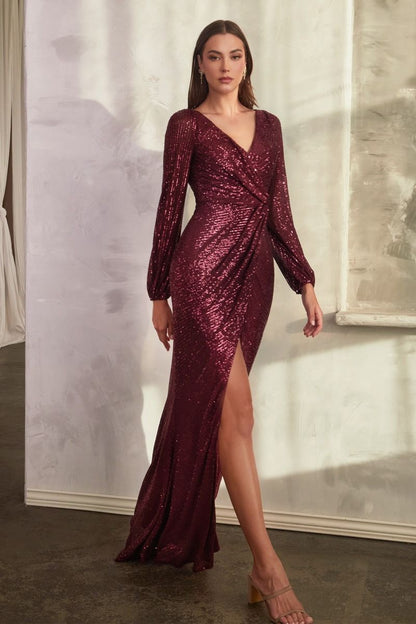 Lilac, Navy Blue, Gold Long Sleeve Sequin Wrap Gown with Slit CDB8422-6