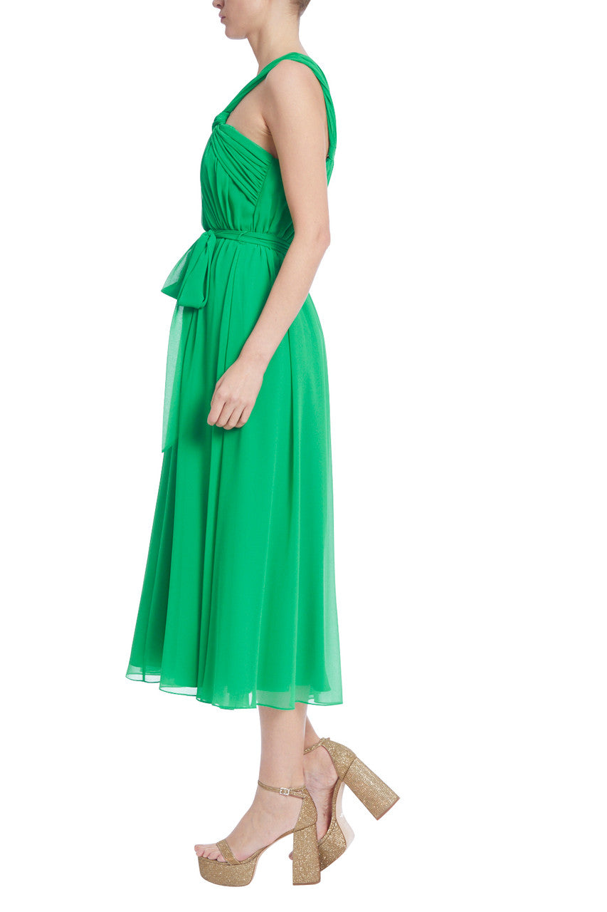 Badgley Mischka knotted neckline ruched tie waist A-line zipper closure georgette dress