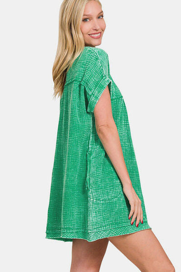 Zenana Washed Notched Short Sleeve Mini Dress-1
