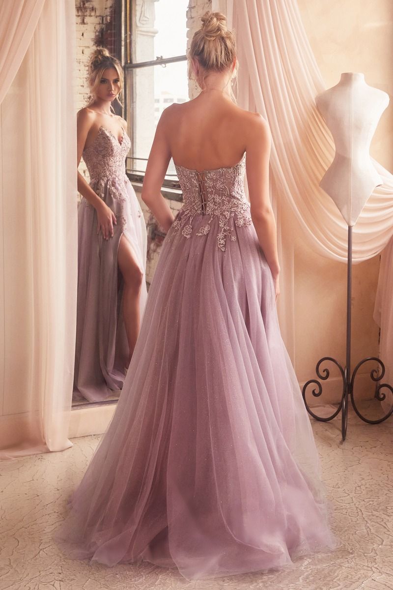 Dusty Teal, Mauve Rose A-Line Glitter Tulle Gown with Floral Appliqué and Slit  CDC148-2