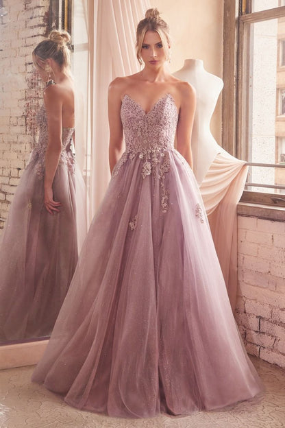 Dusty Teal, Mauve Rose A-Line Glitter Tulle Gown with Floral Appliqué and Slit  CDC148-1