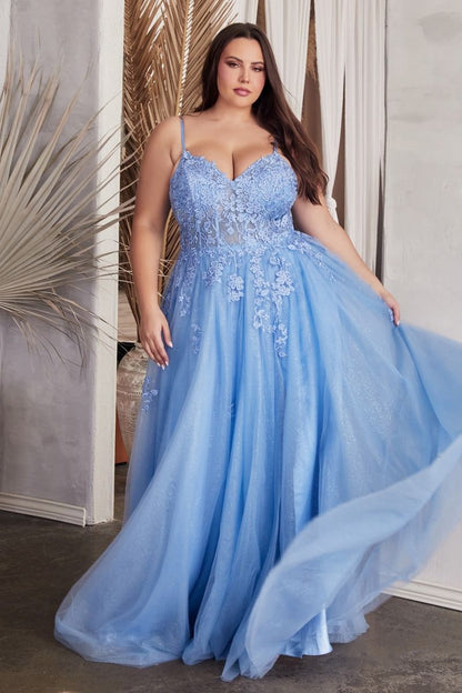 A-Line Lace & Tulle Embroidered Bodice Plus Size Long Prom Dress CDC148C-1