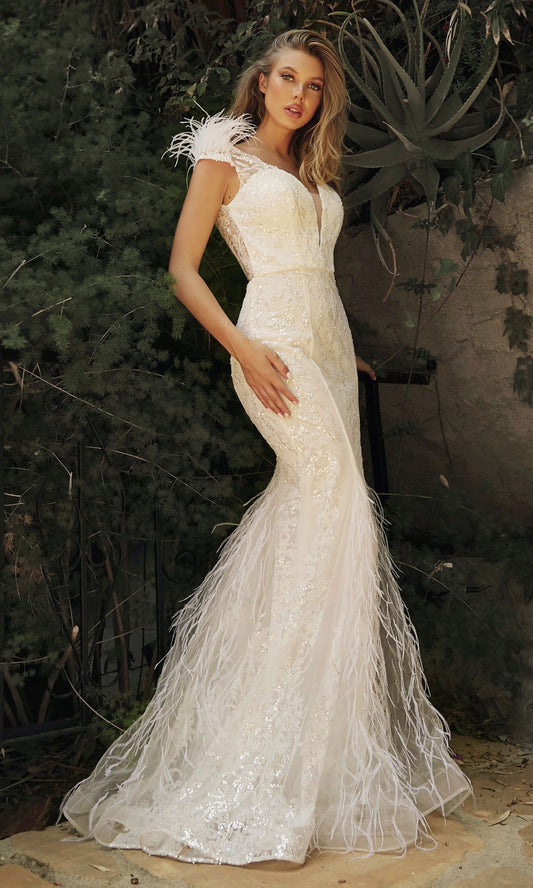 Embellished Mermaid Feather Open Back Long Bridal Dress CDC57W