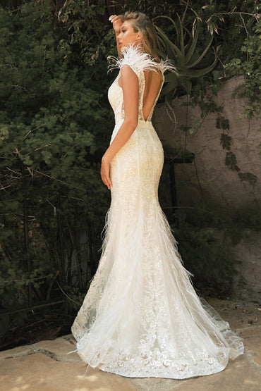 Embellished Mermaid Feather Open Back Long Bridal Dress CDC57W